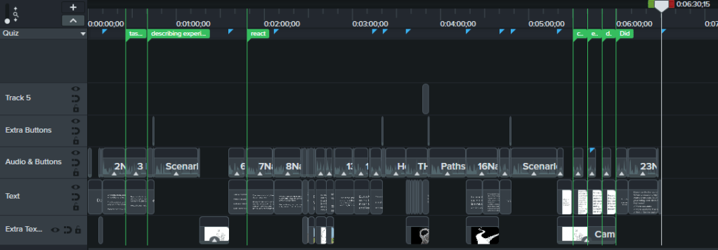 Camtasia timeline after reorganization, with audio clips on a central track driving the sequence and text, buttons, and visuals aligned in parallel tracks above and below.