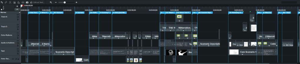 Camtasia timeline before reorganization, showing clips scattered across multiple tracks with overlapping elements and inconsistent spacing.